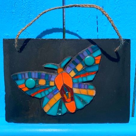 Mosaic Moth on Reclaimed Slate Tile