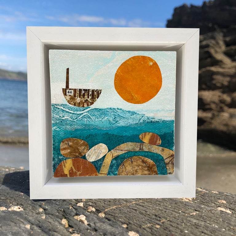 Original Seascape, Boat, Sun and Sea Abstract Framed Art Mixed Media Painting 