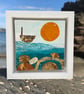 Original Seascape, Boat, Sun and Sea Abstract Framed Art Mixed Media Painting 