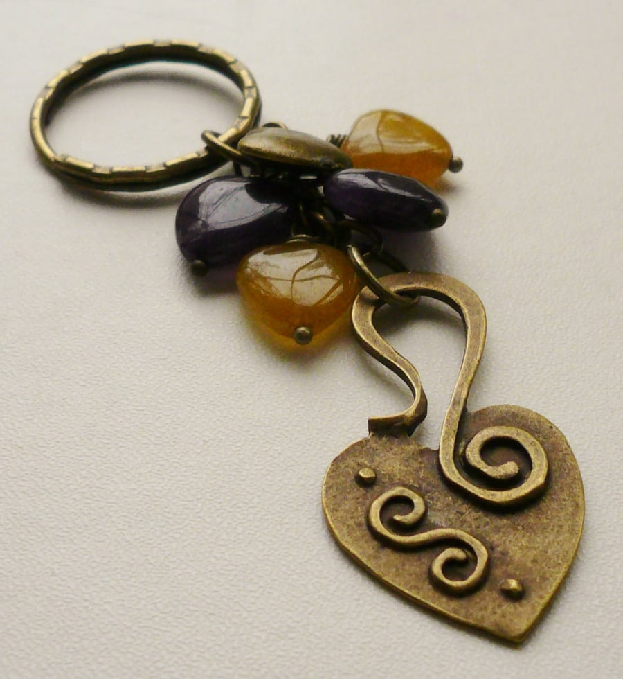 Keyring Purple and Yellow Agate Antique Bronze Heart Themed  KCJ1567