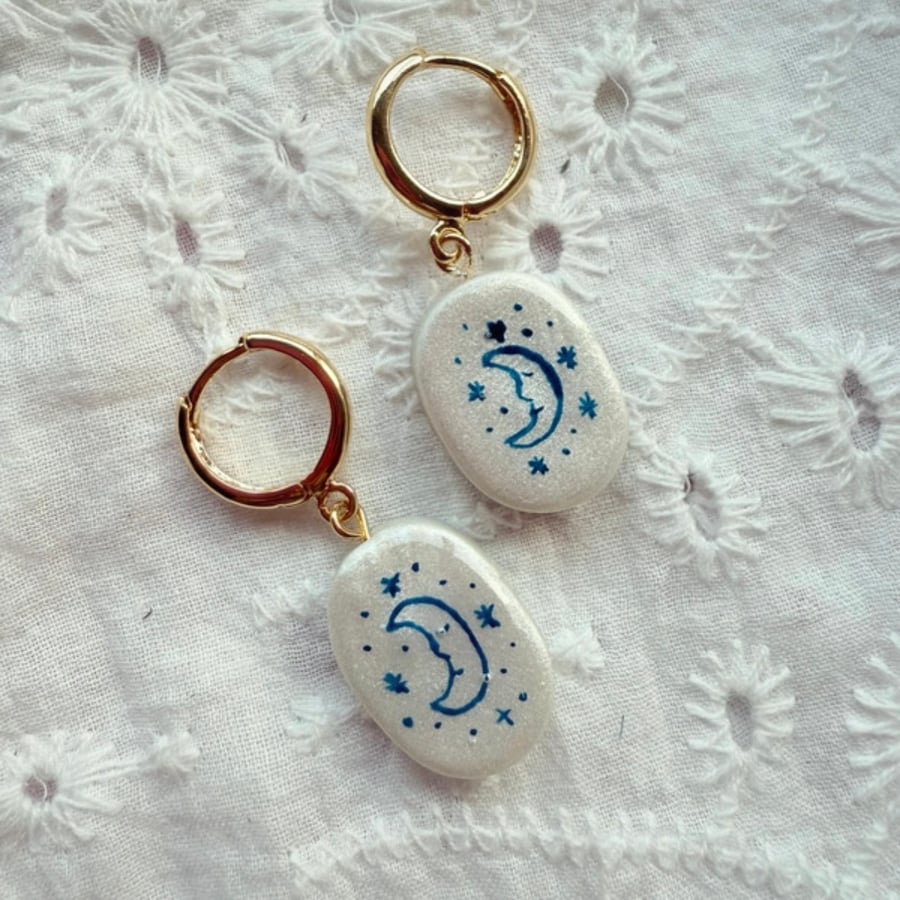 Moon and Stars Earrings – Hand Painted Jewelry on 18K Gold Plated Hoops