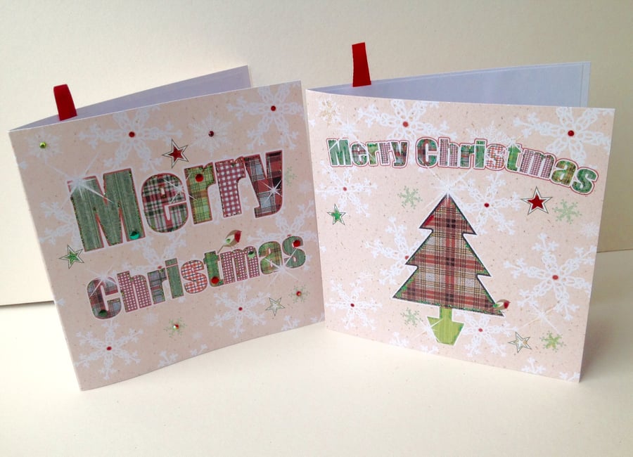 Christmas Card pk of 4,'Festive Tartan',Alphabet Merry Xmas Design,Handmade