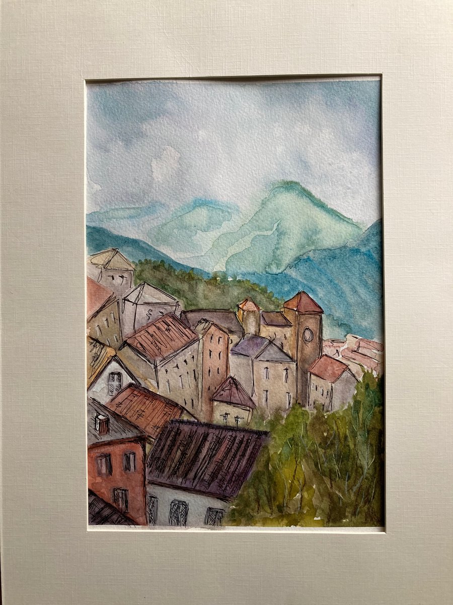 Seconds Sunday, Italian mountain town. Watercolour landscape. 