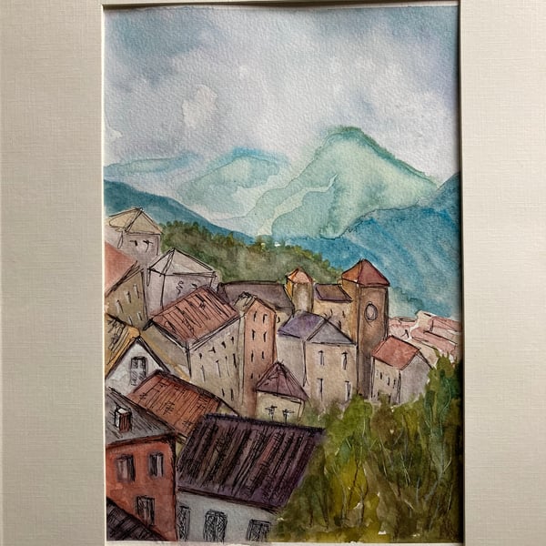 Seconds Sunday, Italian mountain town. Watercolour landscape. 