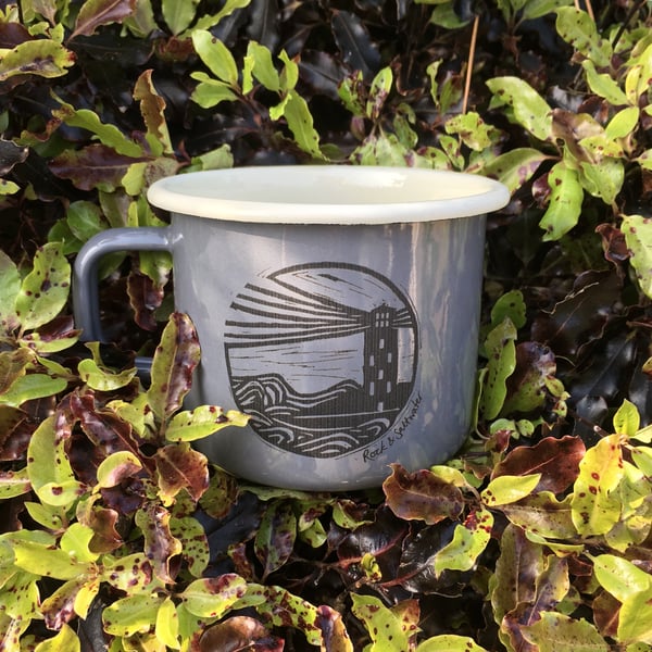 Slate grey lighthouse design laser etched enamel mug