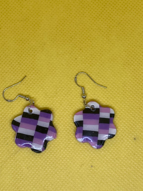 Handmade Checkered Purple and Black Flower Polymer Clay Dangle Earring