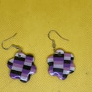 Handmade Checkered Purple and Black Flower Polymer Clay Dangle Earring
