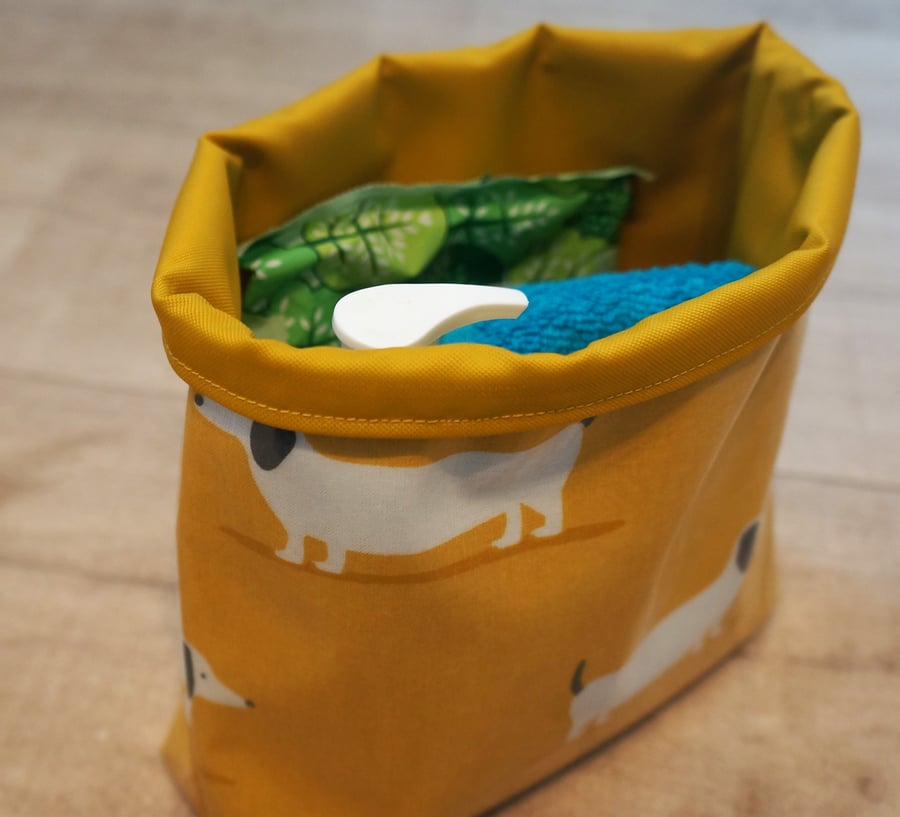 Oilcloth Medium Size Storage Bag in Mustard Dachshund Fabric