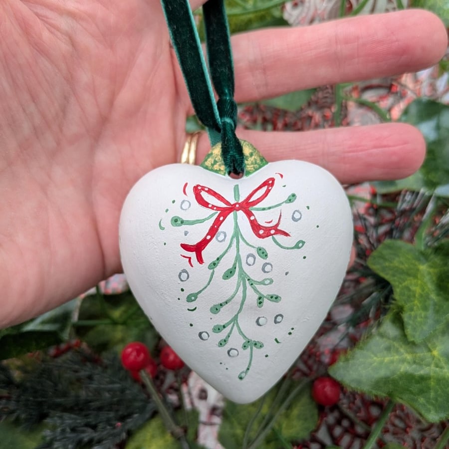 Mistletoe hand-painted ceramic heart Christmas bauble