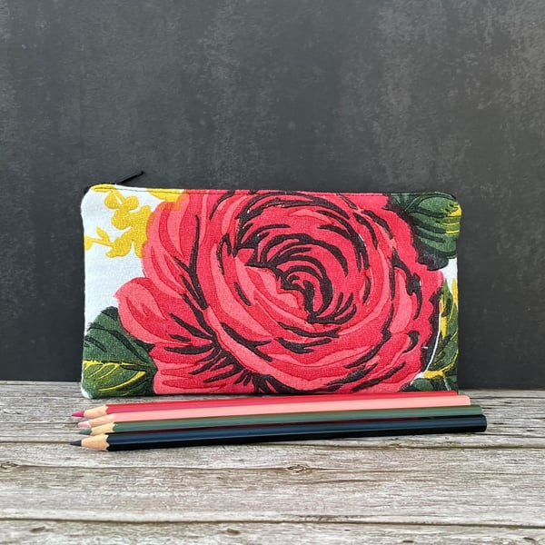 'Carnations and Roses' Pencil Case made from 1950s Vintage Barkcloth Fabric