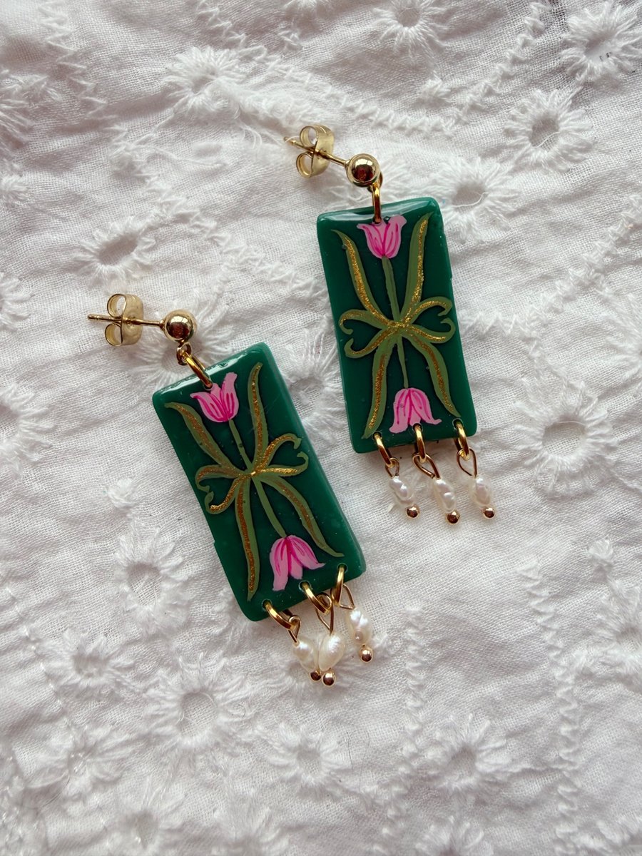 Emerald Green Pink Tulips Rice Pearl Statement Unique Earrings
