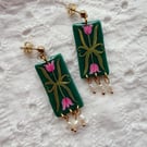 Emerald Green Pink Tulips Rice Pearl Statement Unique Earrings