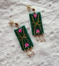 Emerald Green Pink Tulips Rice Pearl Statement Unique Earrings - Image 1