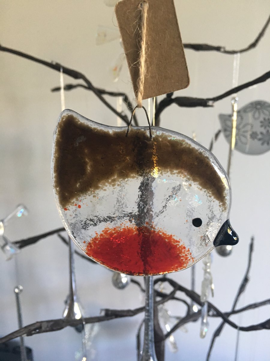 Fused glass Tinted Robin Christmas Tree Decoration (Medium)