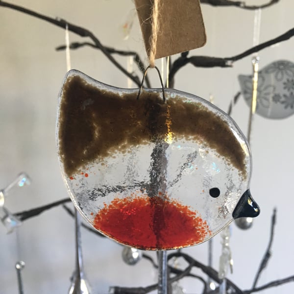Fused glass Tinted Robin Christmas Tree Decoration (Medium)