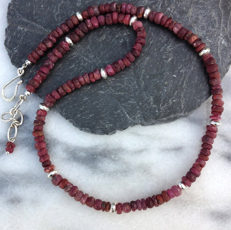 Raw ruby and sterling silver necklace