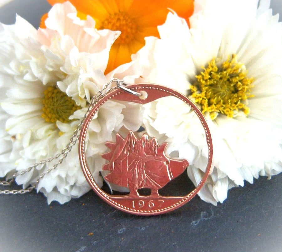 Hedgehog pendant from recycled penny coin