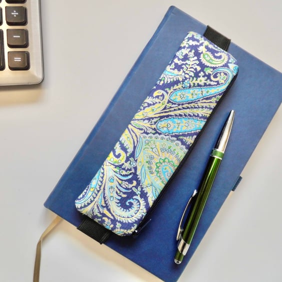 Elasticated pencil case for cover of book diary journal Liberty paisley fabric