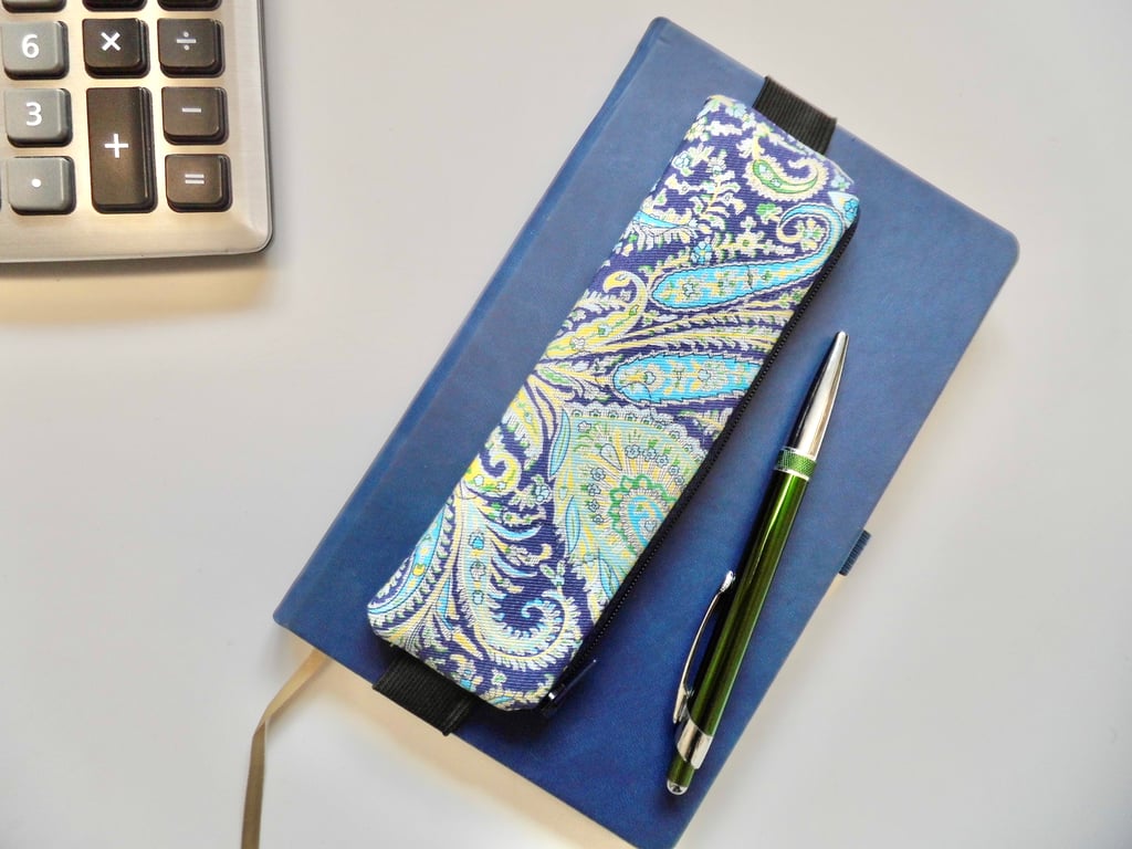 Elasticated pencil case for cover of book diary journal Liberty paisley fabric