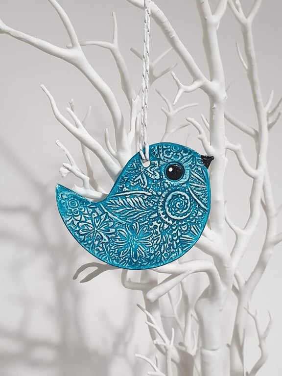 Clay bird hanging decoration, turquoise and white, pretty gift for her 