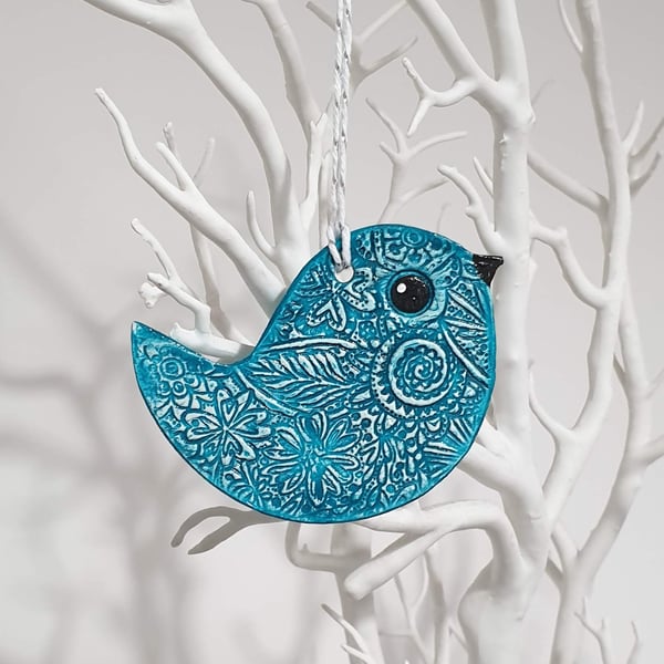 Clay bird hanging decoration, turquoise and white, pretty gift for her 