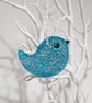 Clay bird hanging decoration, turquoise and white, pretty gift for her 