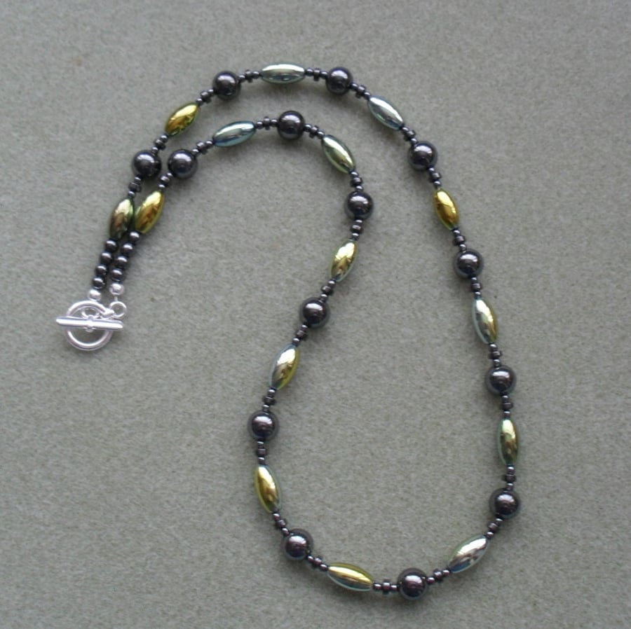 Green Gold and Natural Coloured Haematite Beaded Necklace
