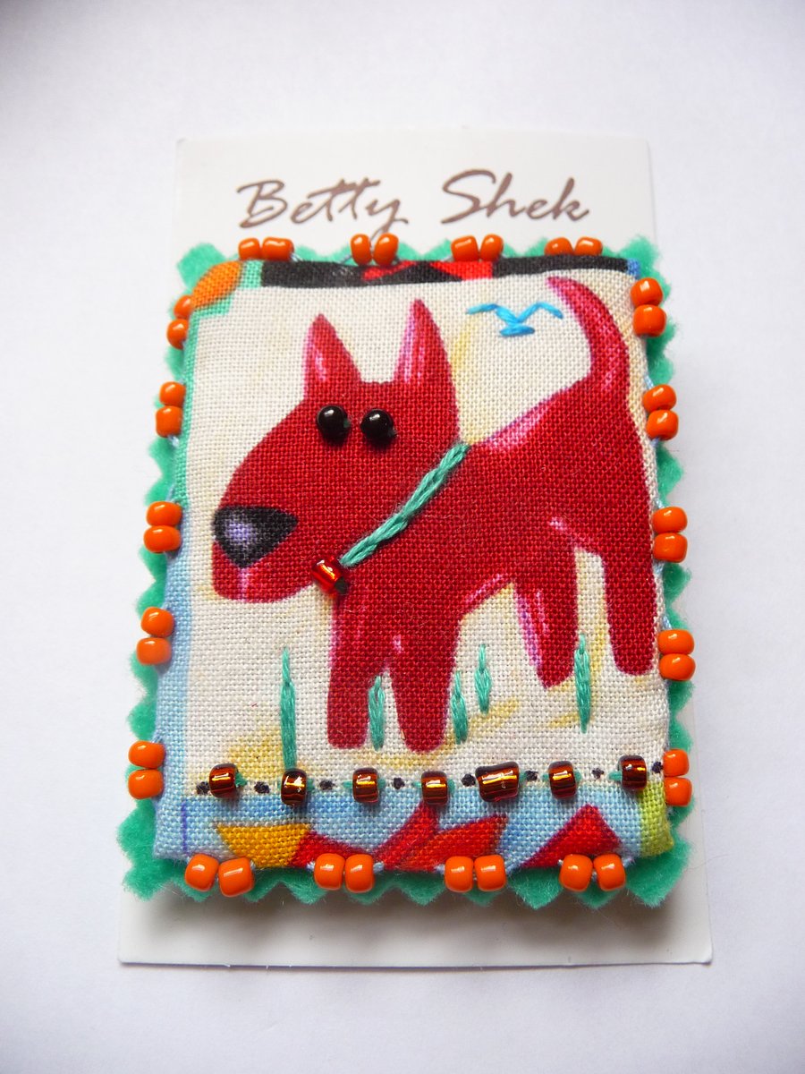 ON SALE -Vintage fabric with dog design printed textile handmade beaded brooch