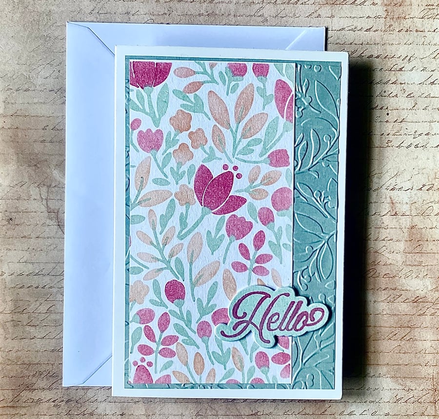 Hand-Stenciled and embossed “Hello” Greeting Card