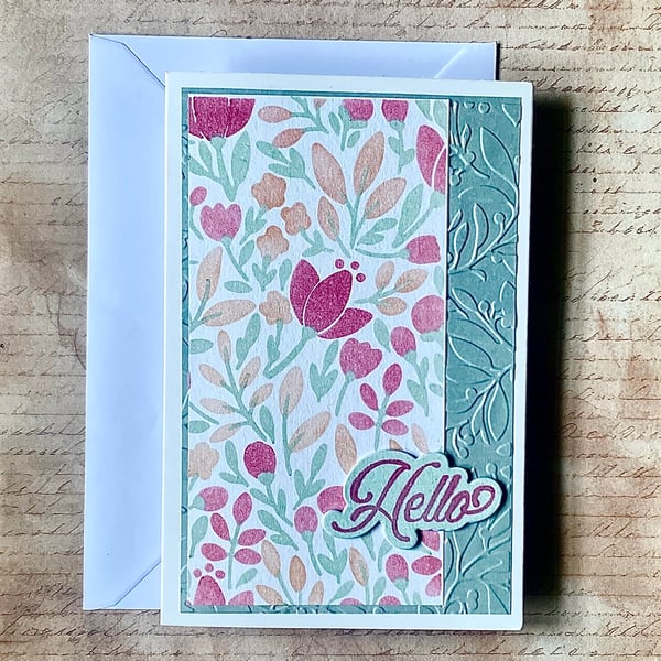 Hand-Stenciled and embossed “Hello” Greeting Card