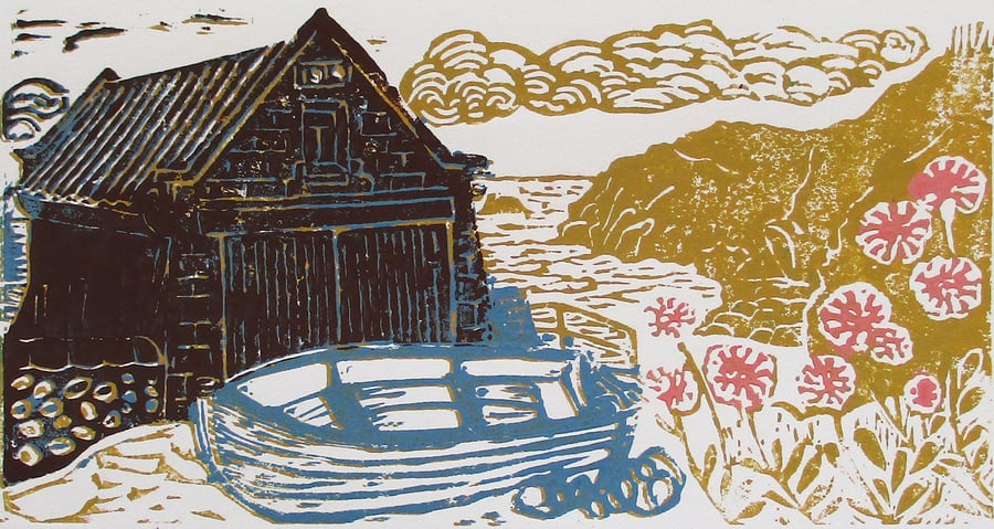 Lizard Old Lifeboat Station, Cornwall - Original Linocut Hand Pressed Ltd Ed 