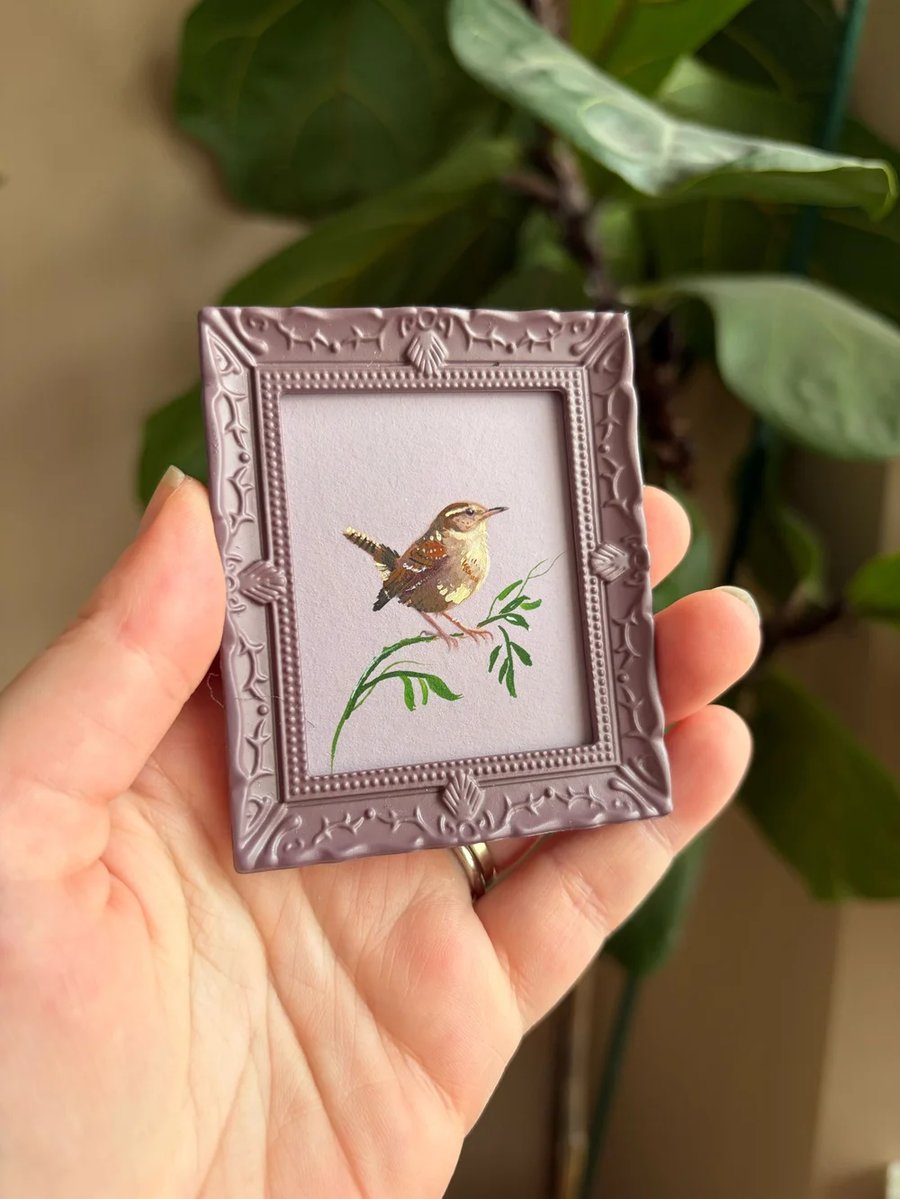 Wren Bird Miniature Framed Painting, Cottagecore decor, Nature Gift