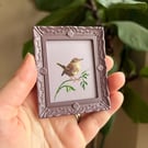 Wren Bird Miniature Framed Painting, Cottagecore decor, Nature Gift