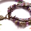 Bead Bracelet, Three Strand Lilac Brass & Green Bracelet with Flower Charm