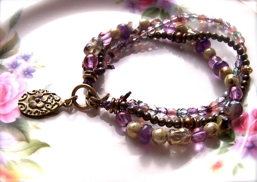 Bead Bracelet, Three Strand Lilac Brass & Green Bracelet with Flower Charm