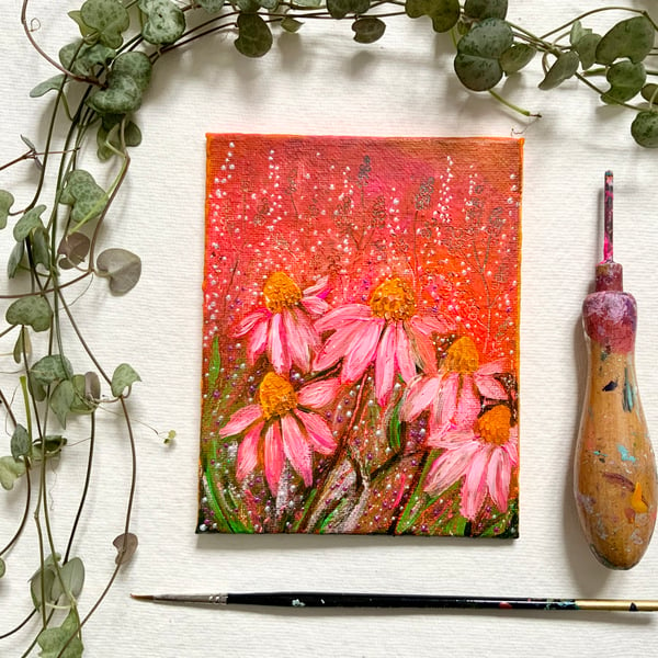 Summer Garden Flowers, miniature canvas board painting