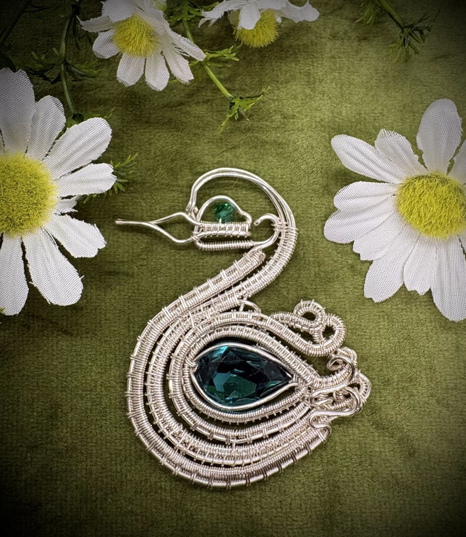 Silver wire wrapped Baby Swan with Teardrop Crystal