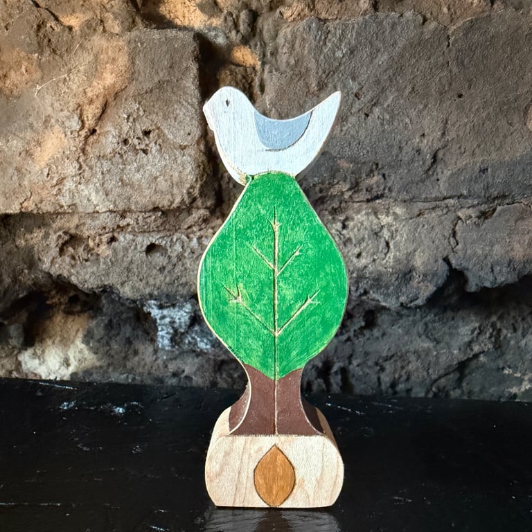 Bird in Tree Wooden Ornament - Handmade Folk Art Shelf Decoration