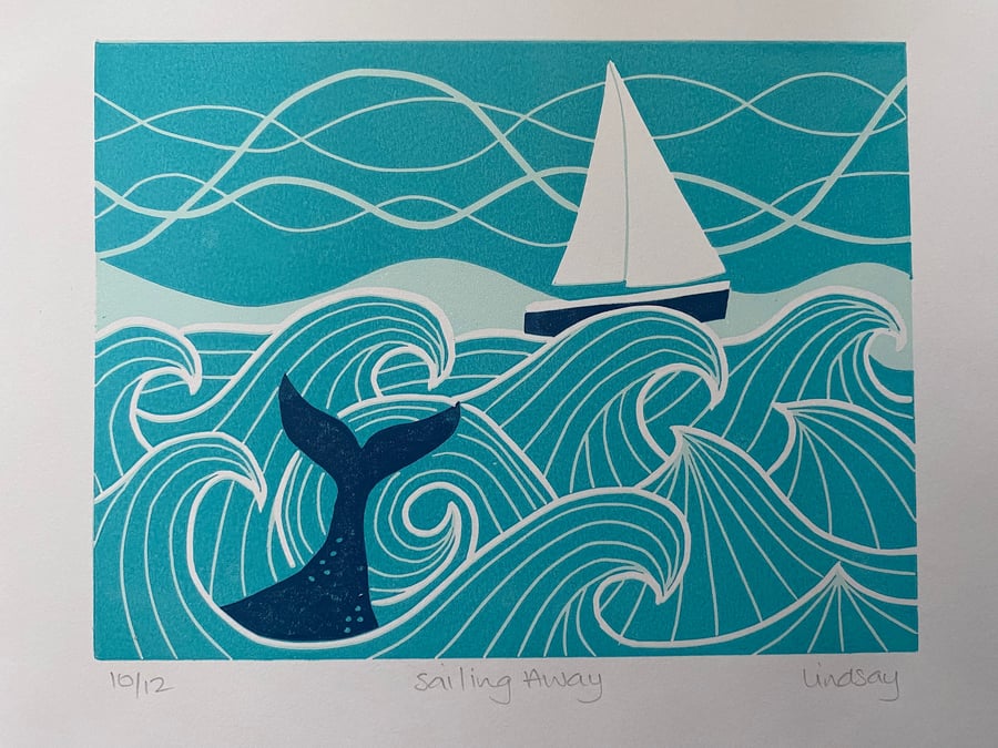 Sailing Away - Handmade Lino Print 