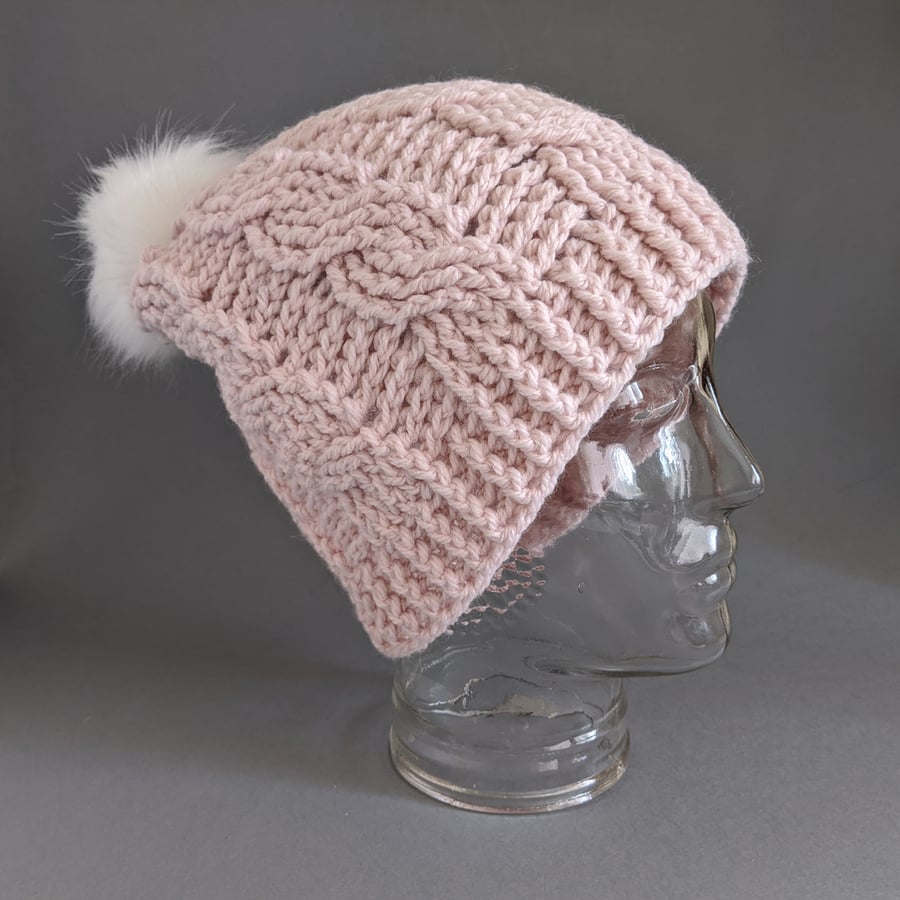Cabled Beanie Hat in Pink with Pom Pom