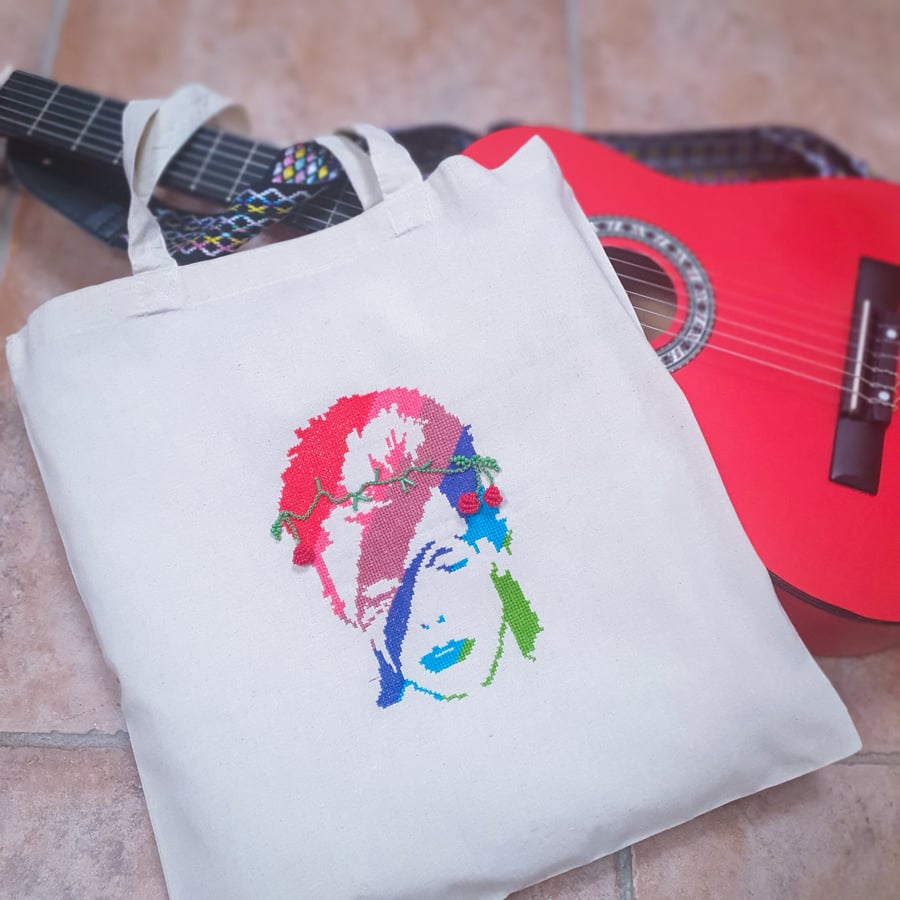 Tote Bag, Hand-Embroidered Eco Linnen David Bowie Groove Bag