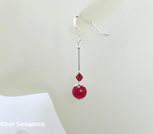 Fuchsia Pink Jade & Swarovski Crystal Earrings With Sterling Silver Tubes
