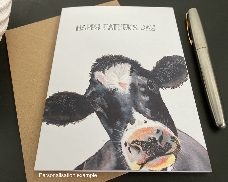 Friesian Cow Card: Birthday, blank or personalised for cow lover. Farm animal.