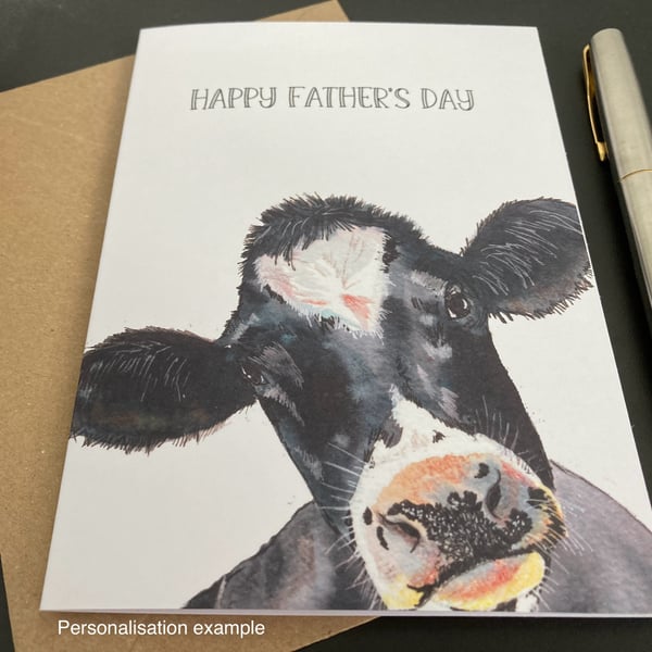 Friesian Cow Card: Birthday, blank or personalised for cow lover. Farm animal.