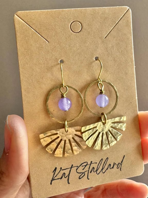 Gorgeous golden brass earrings with natural Amethyst gemstone beads