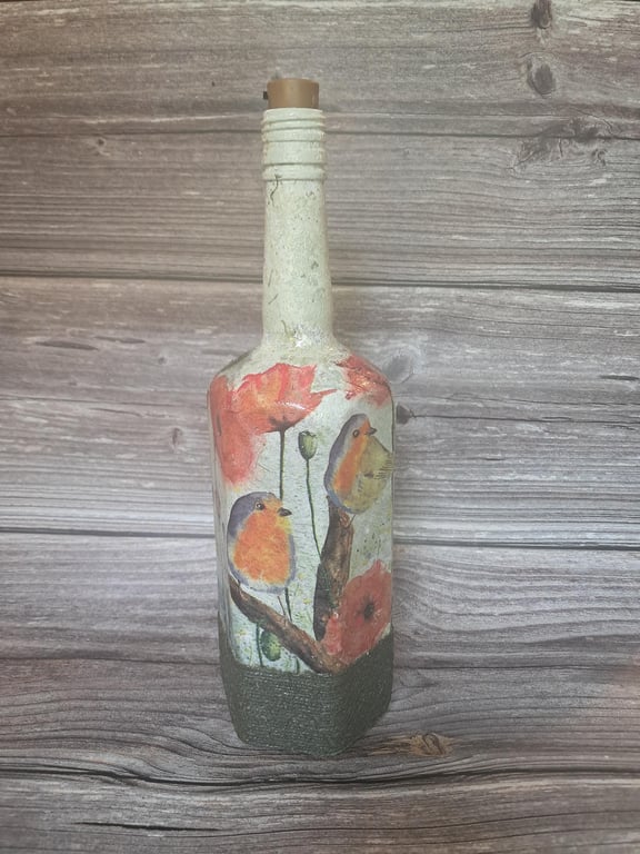 Hand Painted and Decoupaged Light up Floral Bird Bottle