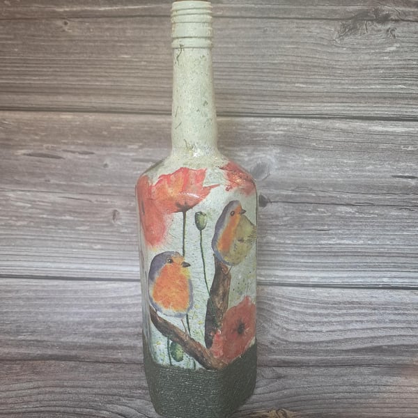 Hand Painted and Decoupaged Light up Floral Bird Bottle
