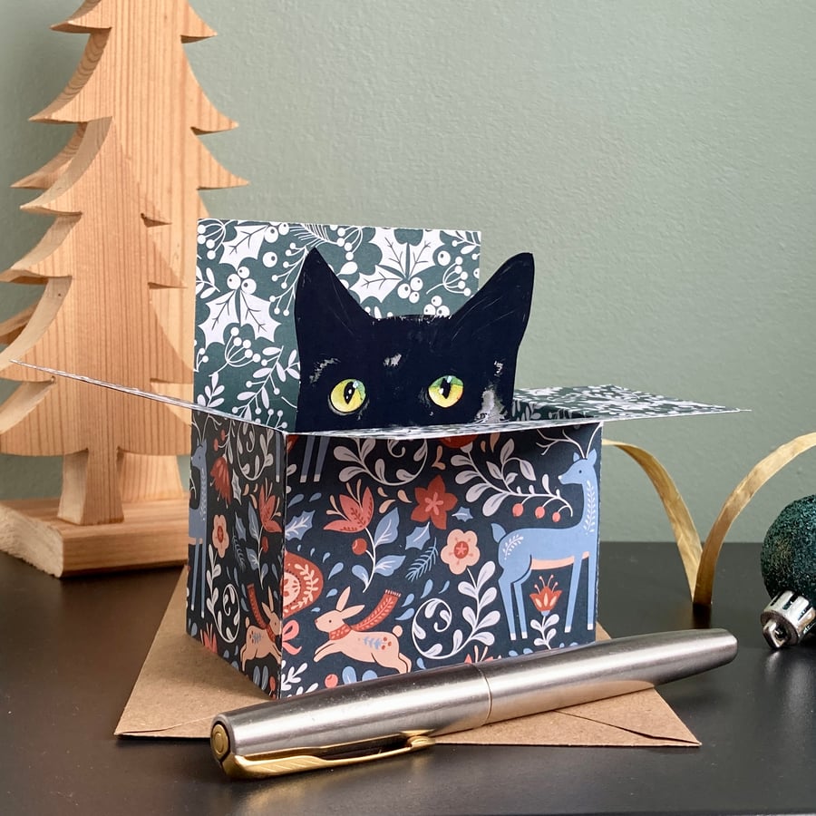 Black Cat Christmas Card. 3D box card. Personalised Christmas gift card holder.