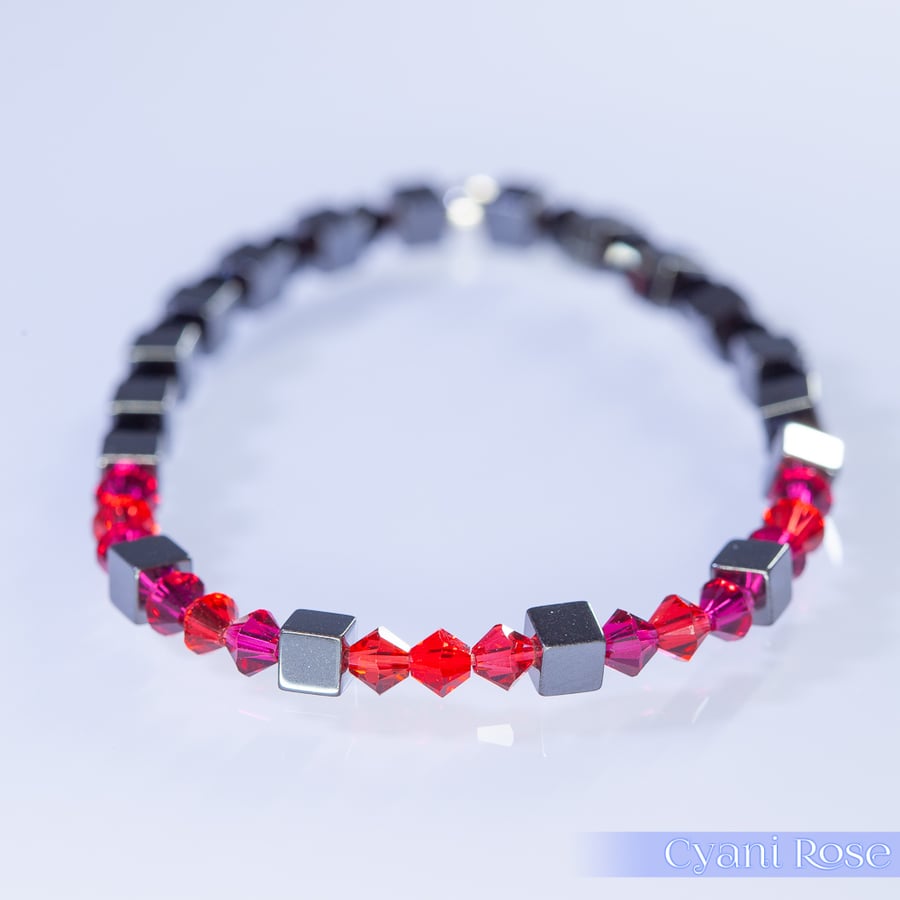 Swarovski and Hematite stretch beaded bracelet red pink black