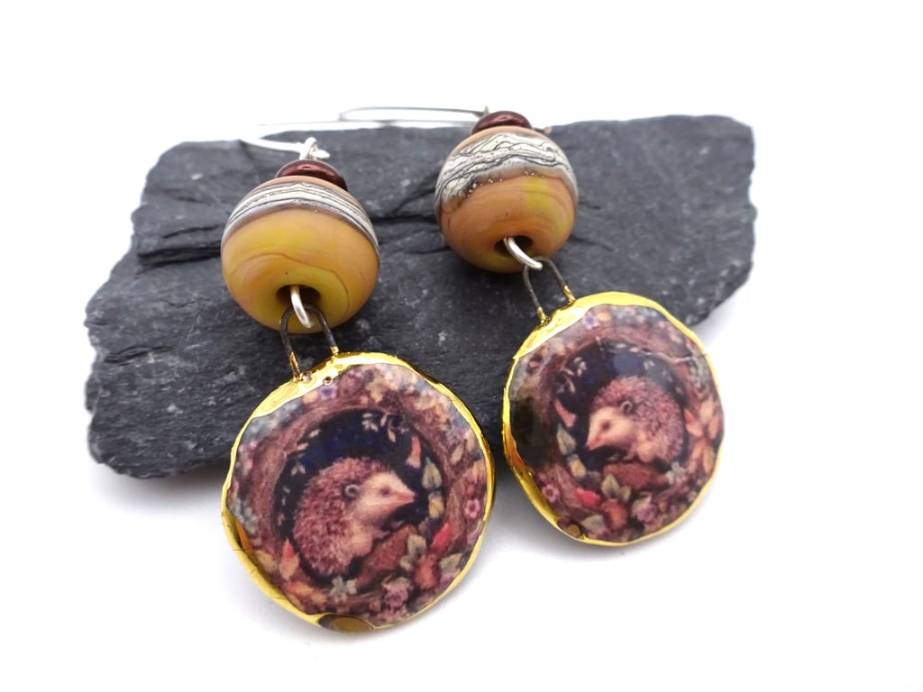 brown hedgehog lampwork glass earrings